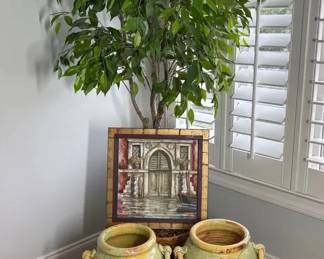 Decorative Floor Dcor Lot with Artificial Tree  Ceramic Urn Planters