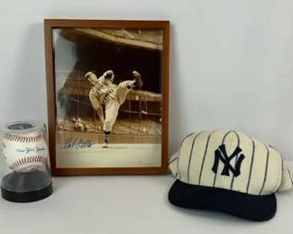 Bob Feller Cleveland Indians Photograph With NY Cap and Ball