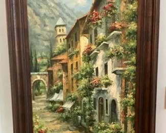 Framed European Village Street Scene Oil Painting