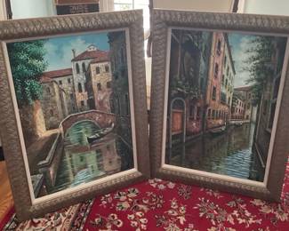 Framed Pair of European Canal Scene Paintings