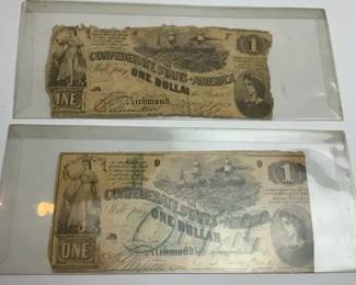 Pair of Confederate States of America $1 Notes Civil War Era
