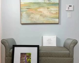 Upholstered Bench with Rolled Arms and Framed Wall Dcor