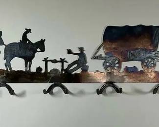 WesternThemed Metal Wall Coat Rack with Wagon Scene