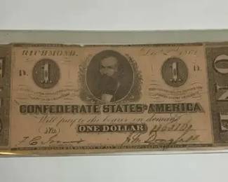 Confederate States of America $1 Note Richmond, Civil War Era