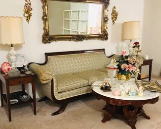 Antique Duncan Phyfe Sofa, Marble Top Coffee Table, Pair Alabaster Lamps