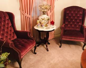Pair Velvet Wing Chairs, Marble Top Table