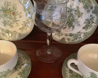 Close-up of China and crystal with engraved ban.