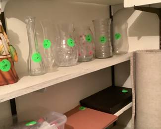 Office supplies and glass vases.