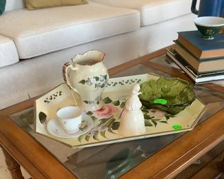 Another painted tray on coffee table.