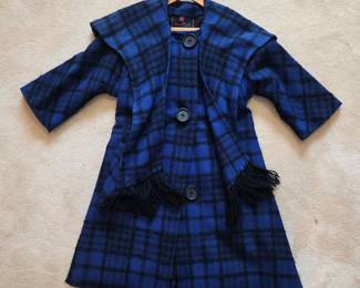 Vintage s Plaid Blue Black Wool Coat Jacket