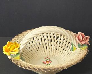 Capodimonte Porcelain Basket with Floral Appliques