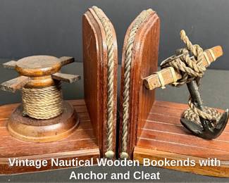 Vintage Nautical Wooden Bookends with Anchor and Cleat
