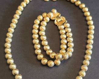 Signed Trifari Textured Bead Necklace and Bracelet Set