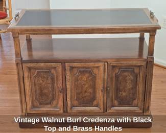 Vintage Walnut Burl Credenza with Black Top and Brass Handles