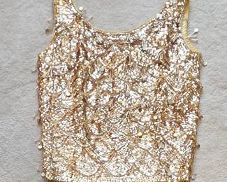 Vintage s Gold Sequin and Beaded Fringe Top