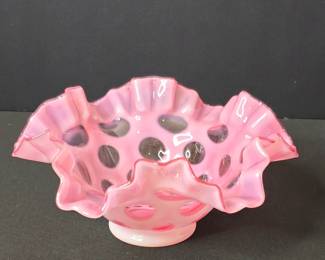Pink Opalescent Fenton Glass Coin Dot Ruffled Bowl