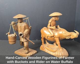 HandCarved Wooden Figurines of Farmer with Buckets and Rider on Water Buffalo