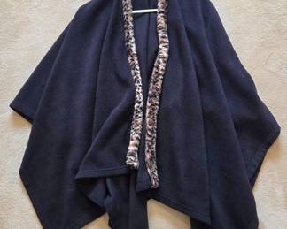 Womens Navy Blue Fleece Cape or Poncho with Leopard Print Faux Fur Trim