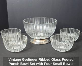 Vintage Godinger Ribbed Glass Footed Punch Bowl Set with Four Small Bowls