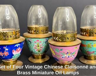 Set of Four Vintage Chinese Cloisonn and Brass Miniature Oil Lamps