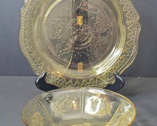 Federal Glass Patrician Spoke Amber Depression Glass Plate and Bowl Set