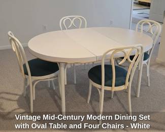 Vintage MidCentury Modern Dining Set with Oval Table and Four Chairs White Laminate Top, Teal Upholstery