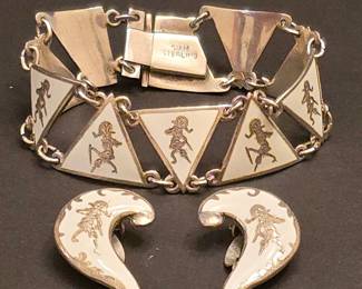 Siam Sterling White Enamel Niello Dancers Bracelet and Earrings Set