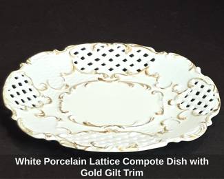 White Porcelain Lattice Compote Dish with Gold Gilt Trim