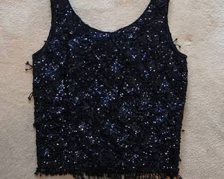 Vintage s Black Sequin and Beaded Wool Tank Top with Fringe