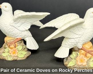 Pair of Ceramic Doves on Rocky Perches