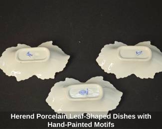 Herend Porcelain Leaf Shaped Dishes with Hand Painted Motifs