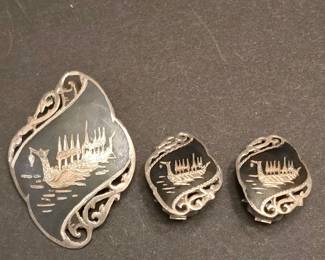 Vintage Siam Sterling Silver Brooch and Earrings Set with Dragon Boat Motif