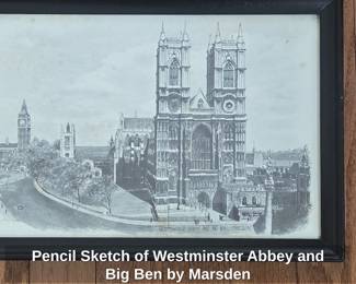 Pencil Sketch of Westminster Abbey and Big Ben by Marsden