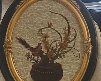 Vintage Oval Wall Plaque with Chinoiserie Bird and Floral Motif