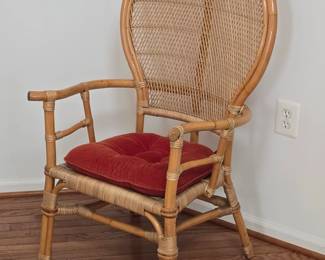 Vintage Rattan Fan Back Arm Chair with Red Cushion