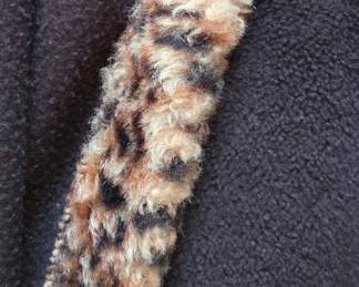 Womens Navy Blue Fleece Cape or Poncho with Leopard Print Faux Fur Trim