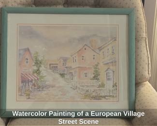 Watercolor Painting of a European Village Street Scene