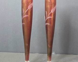 Pair of Cranberry Cut to Clear Glass Bud Vases with Wheat Etching