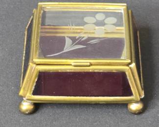 Vintage Etched Floral Glass and Brass Hinged Box with Purple Glass