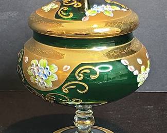 Vintage Czech Bohemian Green Glass Enameled Flowers Lidded Candy Dish