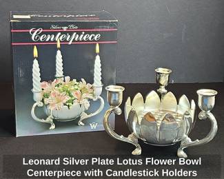 Leonard Silver Plate Lotus Flower Bowl Centerpiece with Candlestick Holders