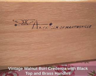 Vintage Walnut Burl Credenza with Black Top and Brass Handles