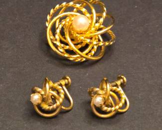 H.G. 12KT Gold Filled Brooch and Screw Back Earring Set with Pearl Accents