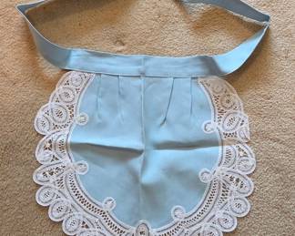 Vintage Light Blue Linen Apron with White Battenburg Lace Trim
