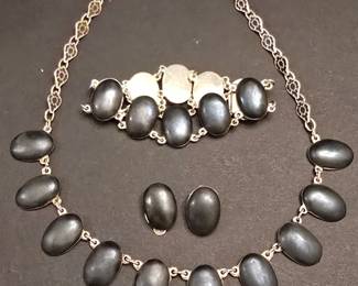 Siam Sterling Silver and Black Stone Necklace, Bracelet, and Earring Set