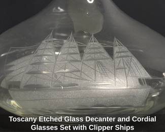Toscany Etched Glass Decanter and Cordial Glasses Set with Clipper Ships