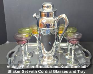 Vintage Farber Bros. Krome Kraft Cocktail Shaker Set with Cordial Glasses and Tray