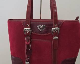 Brighton Red Suede and Croc Embossed Leather Tote Bag with Heart Accents