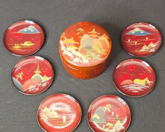 Vintage Japanese Red Lacquer Coaster Set with Scenic Box