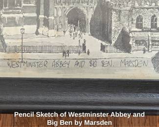 Pencil Sketch of Westminster Abbey and Big Ben by Marsden